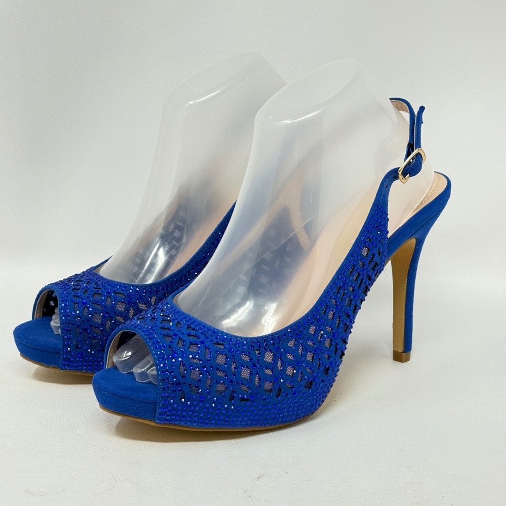 Dream Pairs Peep Toe Rhinestone Royal Blue Stiletto 9 Prom Event Wedding Party‎